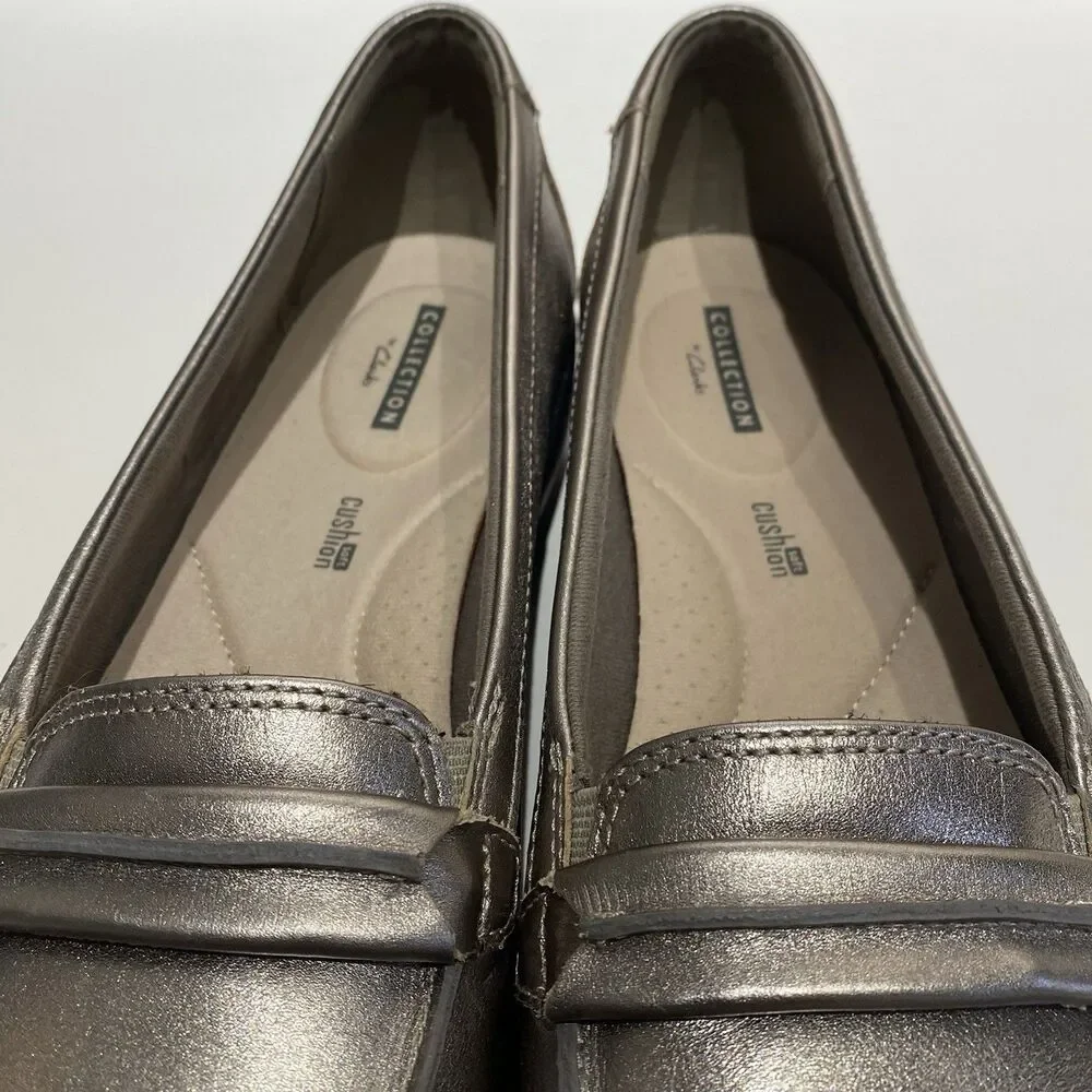 Clarks Ashland Lily Loafers Slip On Shoes Pewter Metallic Leather Women’s 11